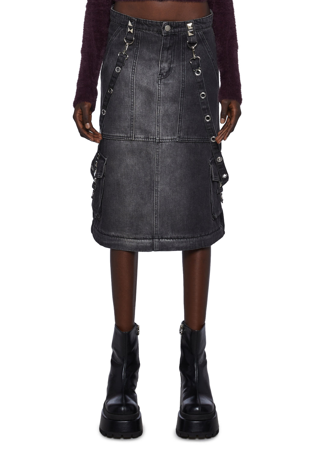 Current Mood Washed Denim Convertible Maxi Cargo Skirt - Black