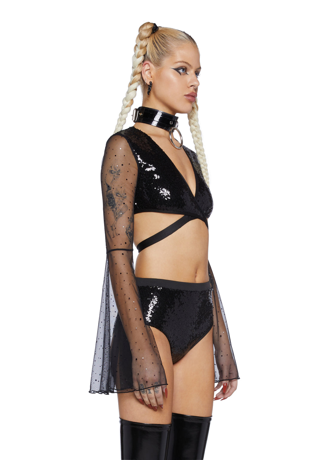 Club Exx Club Exx Plunging Sequin Wrap Top With Bell Sleeves - Black - Image 3