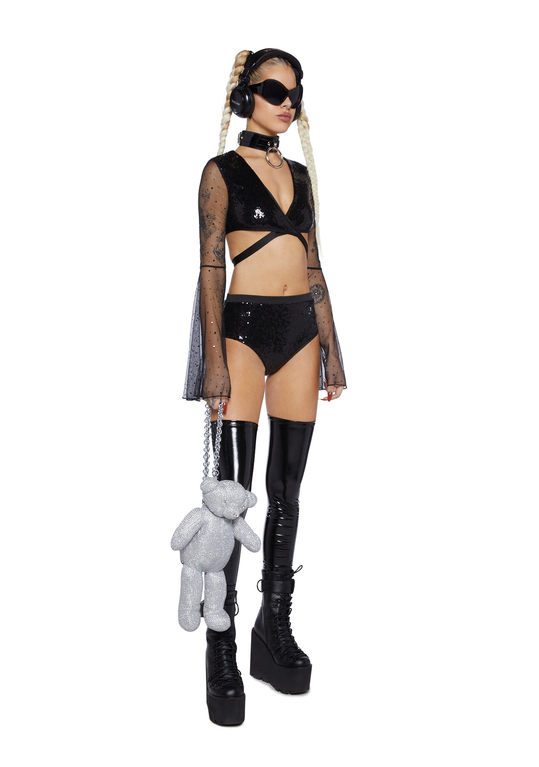 Club Exx Club Exx Plunging Sequin Wrap Top With Bell Sleeves - Black - Image 2