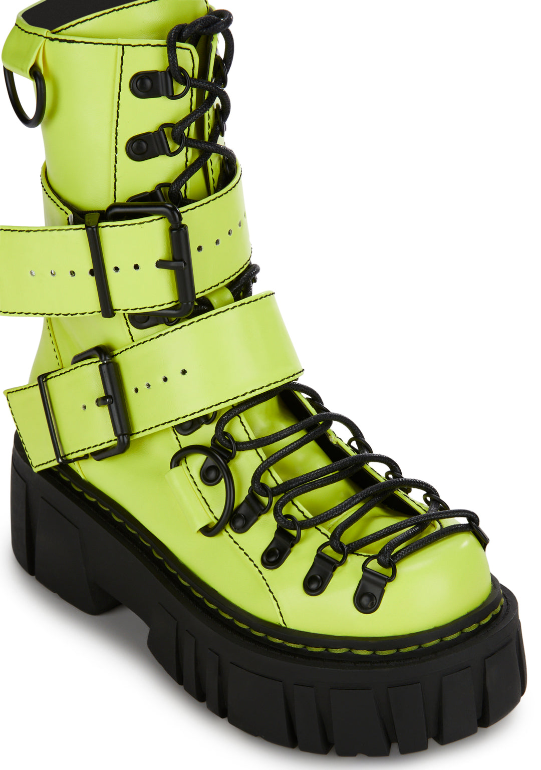 Club Exx Buckle D Ring Lace Up Combat Boots - Neon Yellow - Image 2