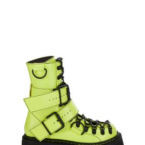 Club Exx Buckle D Ring Lace Up Combat Boots - Neon Yellow