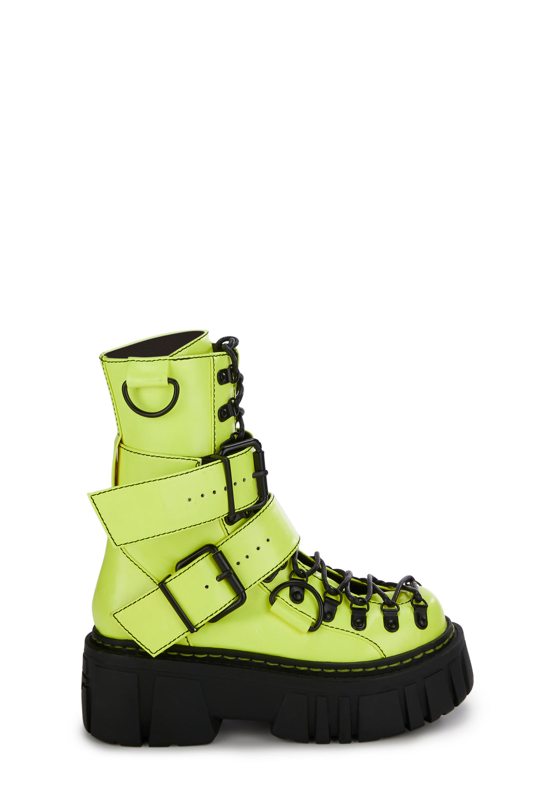 Club Exx Buckle D Ring Lace Up Combat Boots - Neon Yellow