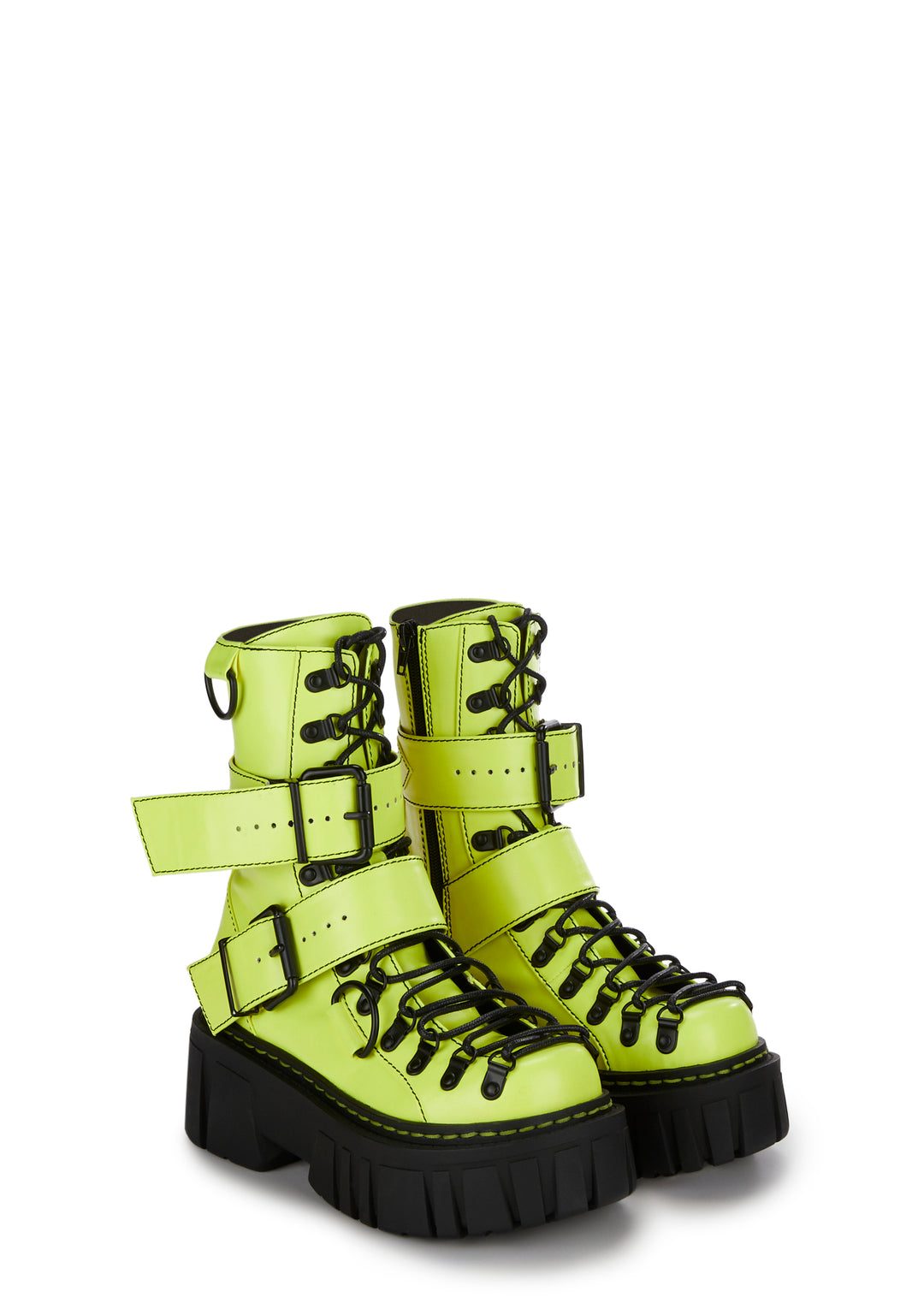 Club Exx Buckle D Ring Lace Up Combat Boots - Neon Yellow - Image 3