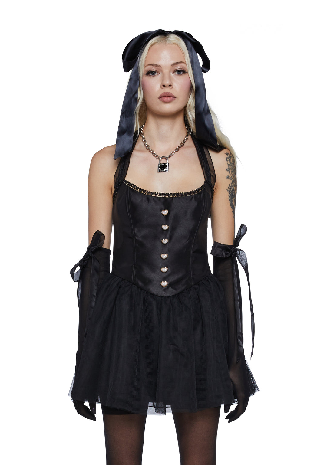 Sugar Thrillz Satin Heart Button Mini Dress - Black