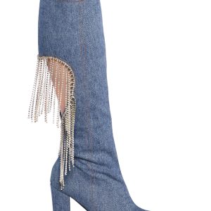 Lemon Drop By Privileged Denim Rhinestone Heart Fringe Heeled Boots - Blue