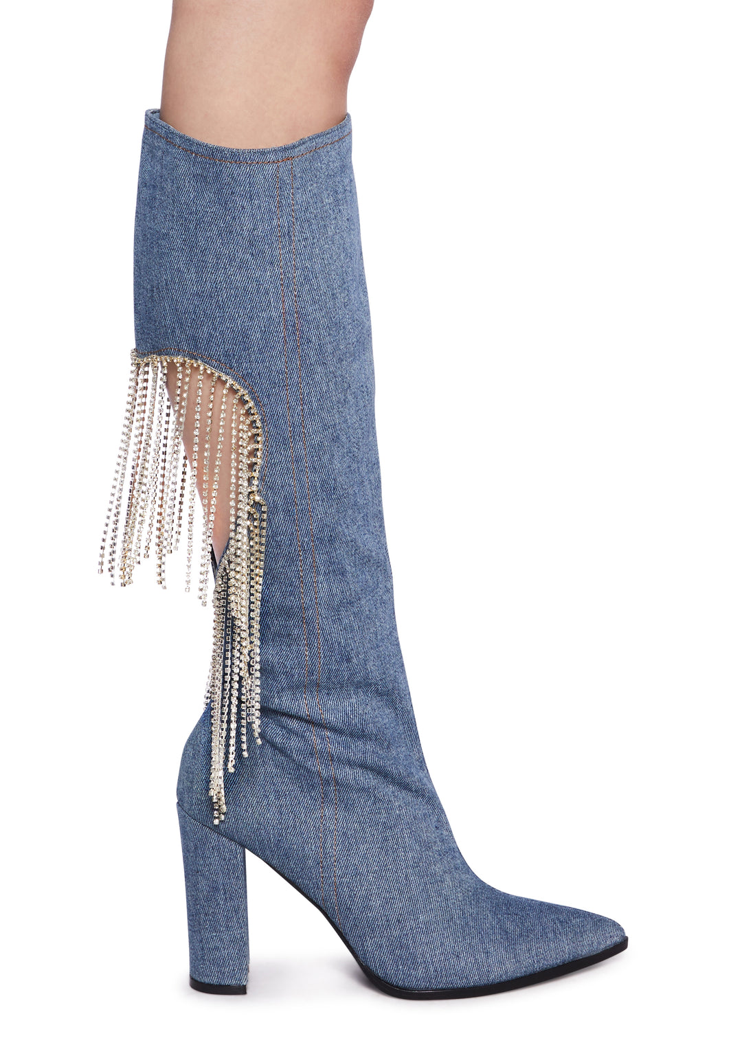 Lemon Drop By Privileged Denim Rhinestone Heart Fringe Heeled Boots - Blue