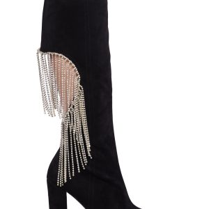 Lemon Drop By Privileged Faux Suede Rhinestone Heart Fringe Heeled Boots - Black