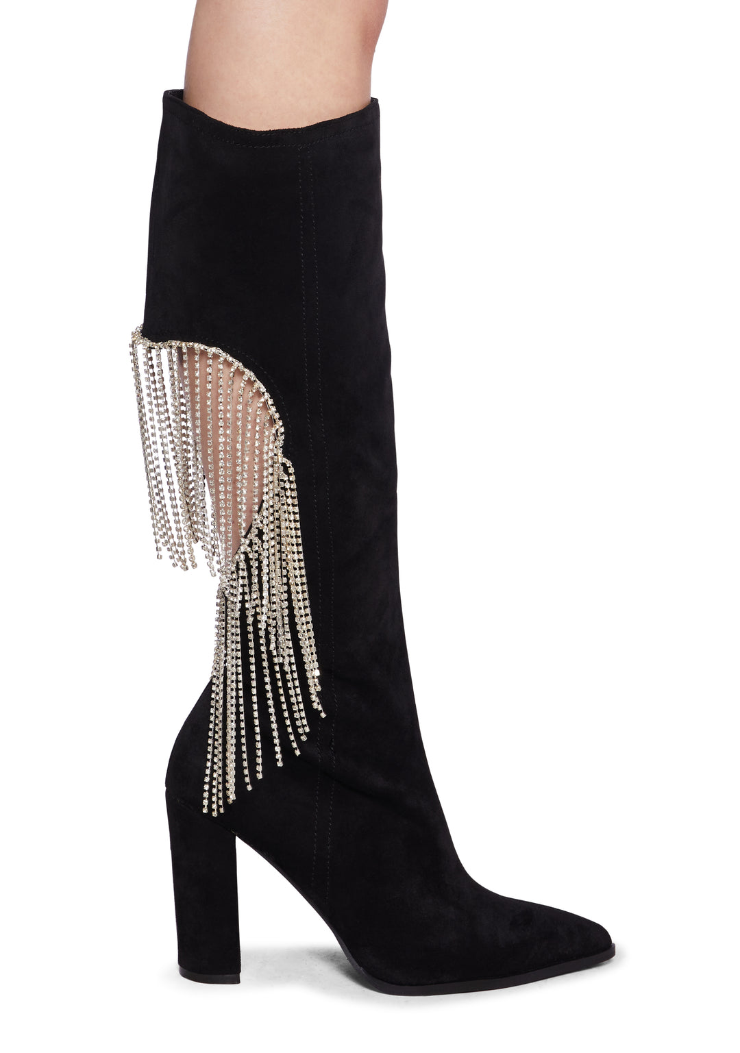 Lemon Drop By Privileged Faux Suede Rhinestone Heart Fringe Heeled Boots - Black