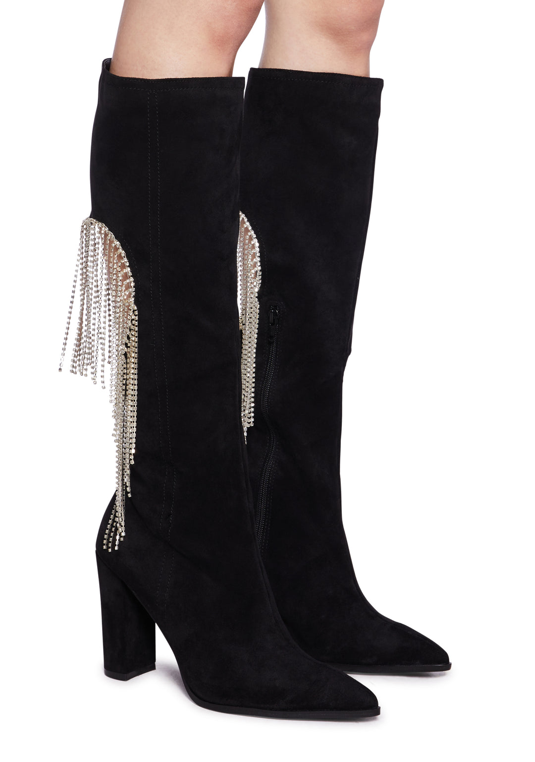 Lemon Drop By Privileged Faux Suede Rhinestone Heart Fringe Heeled Boots - Black - Image 3