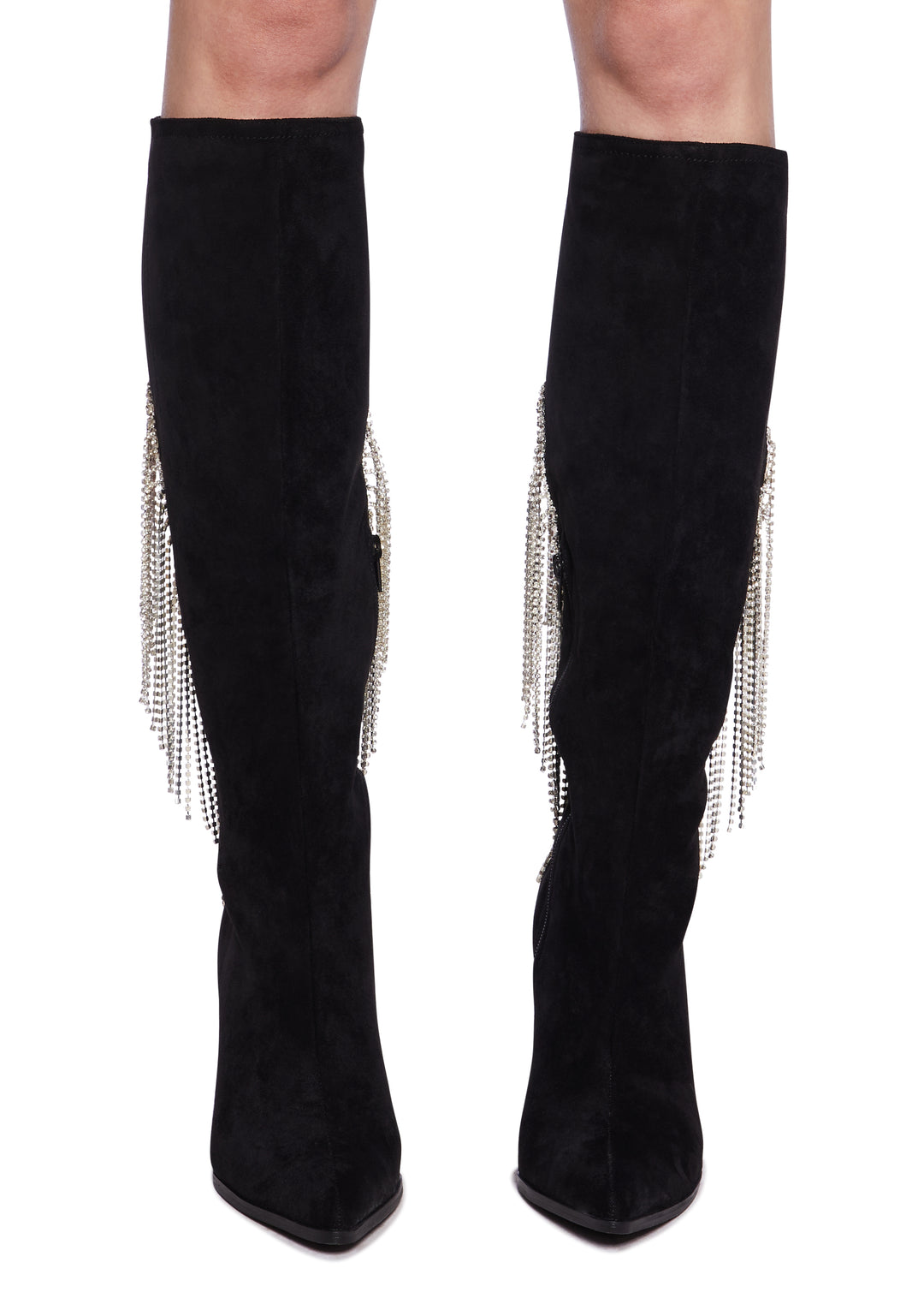 Lemon Drop By Privileged Faux Suede Rhinestone Heart Fringe Heeled Boots - Black - Image 5