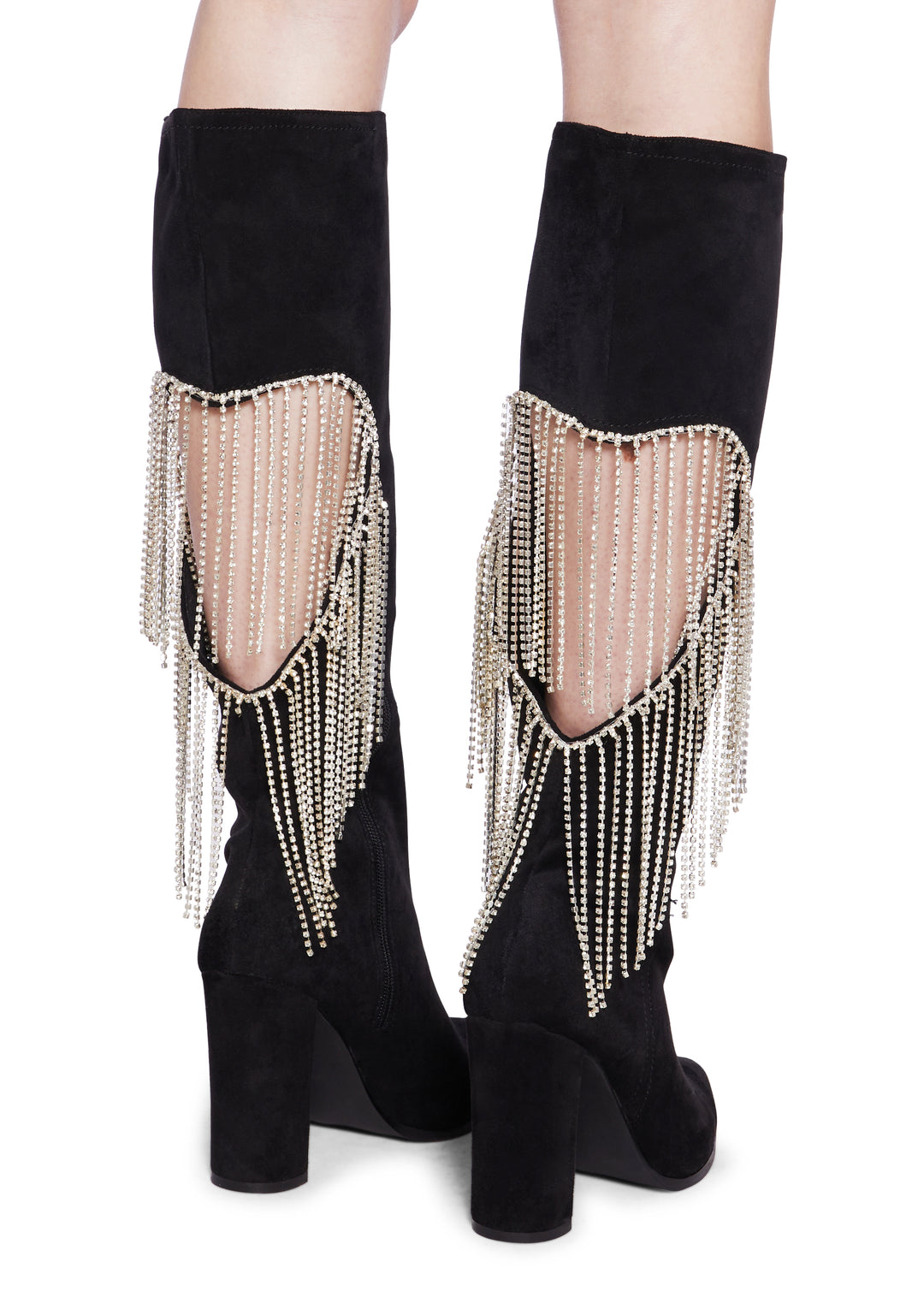 Lemon Drop By Privileged Faux Suede Rhinestone Heart Fringe Heeled Boots - Black - Image 4