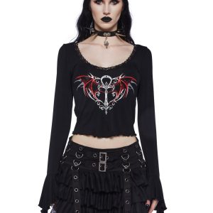 Widow Ankh Symbol Vampire Long Sleeve Tee - Black