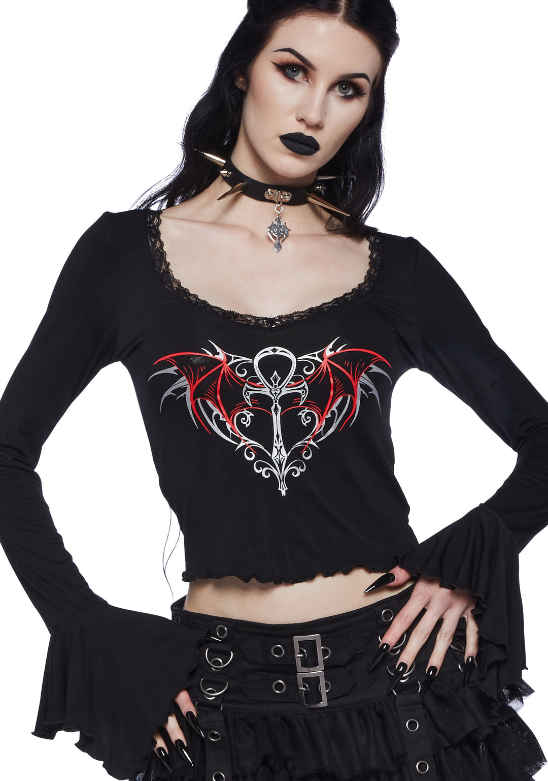 Widow Ankh Symbol Vampire Long Sleeve Tee - Black - Image 5