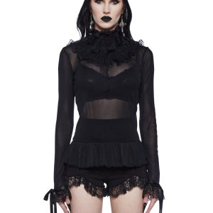 Widow Sheer Mesh Long Sleeve Top - Black