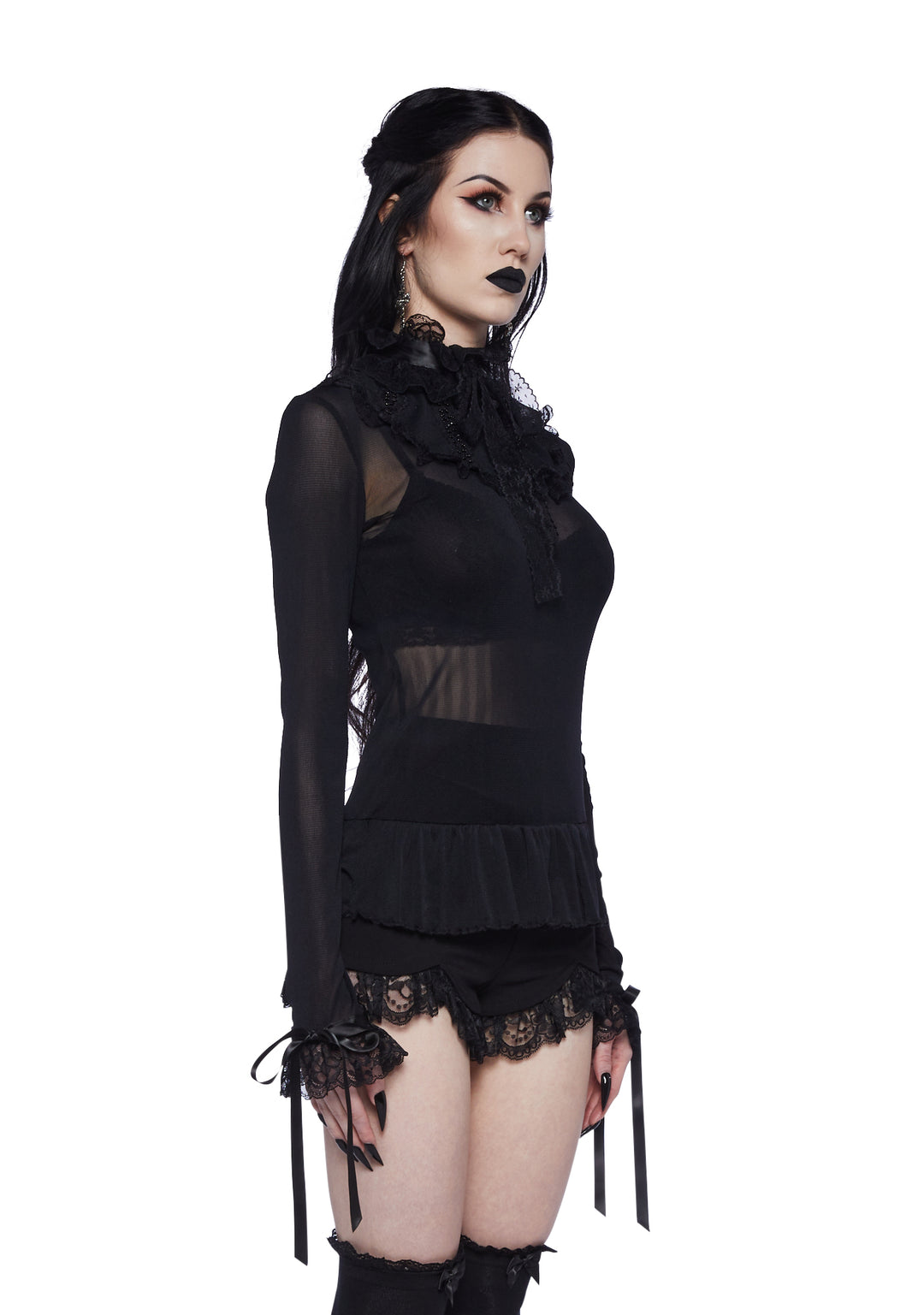 Widow Sheer Mesh Long Sleeve Top - Black - Image 3