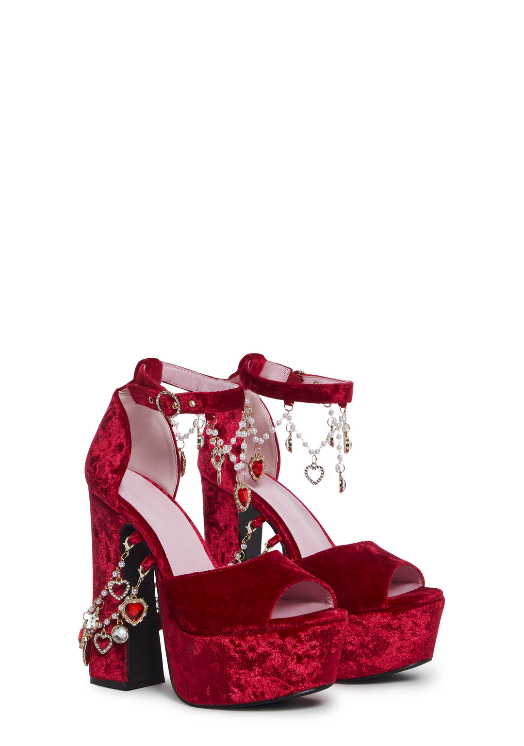 Sugar Thrillz Velvet Platform Rhinestone Beaded Heels - Red - Image 6