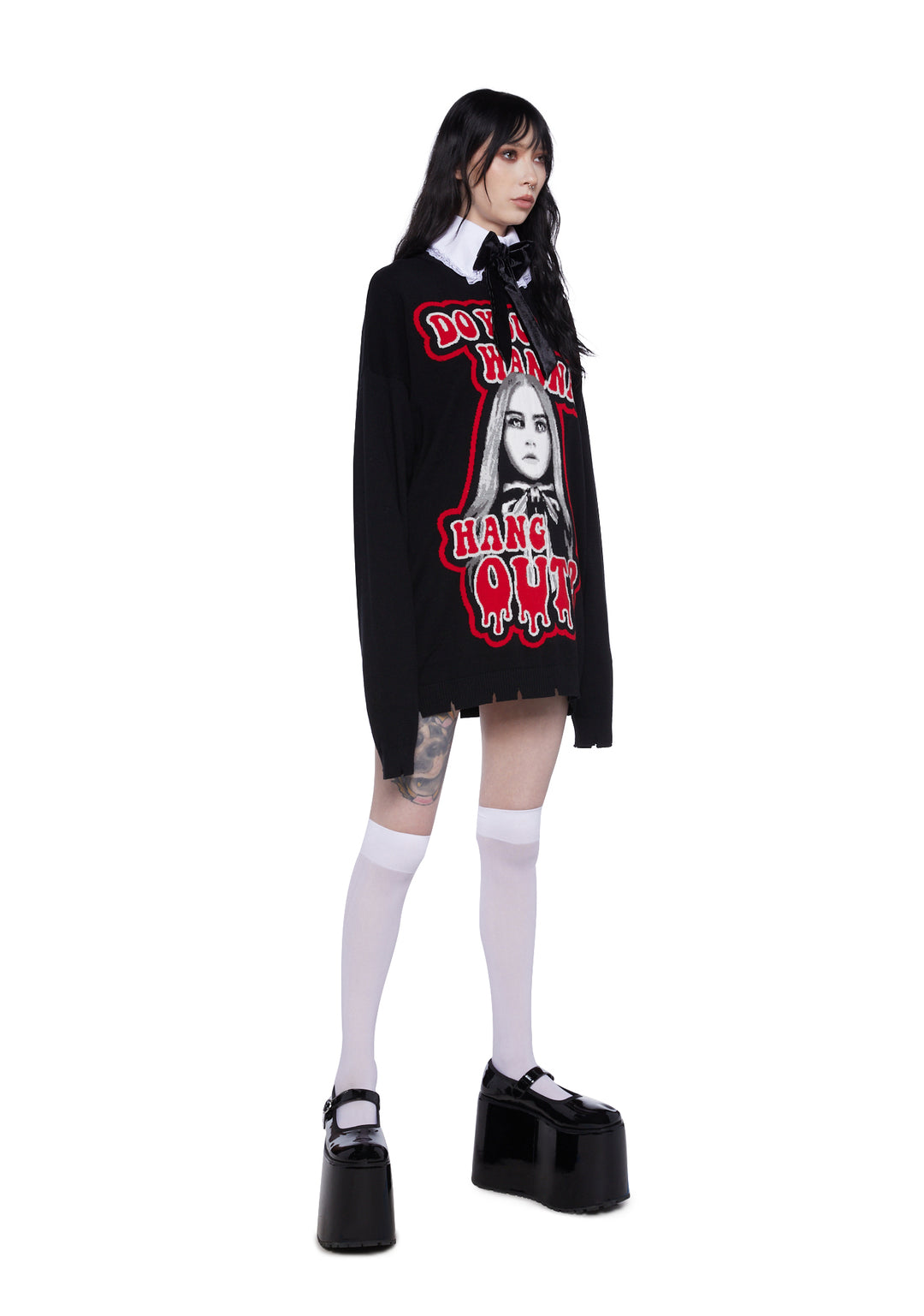 Dolls Kill x M3GAN Intarsia Wanna Hang Out Oversized Sweater - Black - Image 2