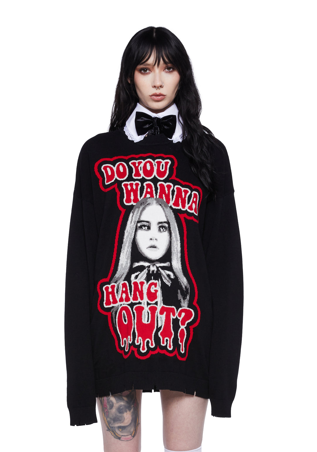 Dolls Kill x M3GAN Intarsia Wanna Hang Out Oversized Sweater - Black