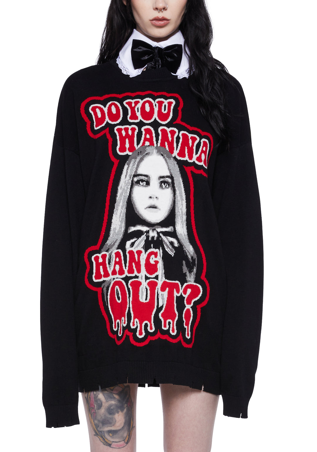 Dolls Kill x M3GAN Intarsia Wanna Hang Out Oversized Sweater - Black - Image 5
