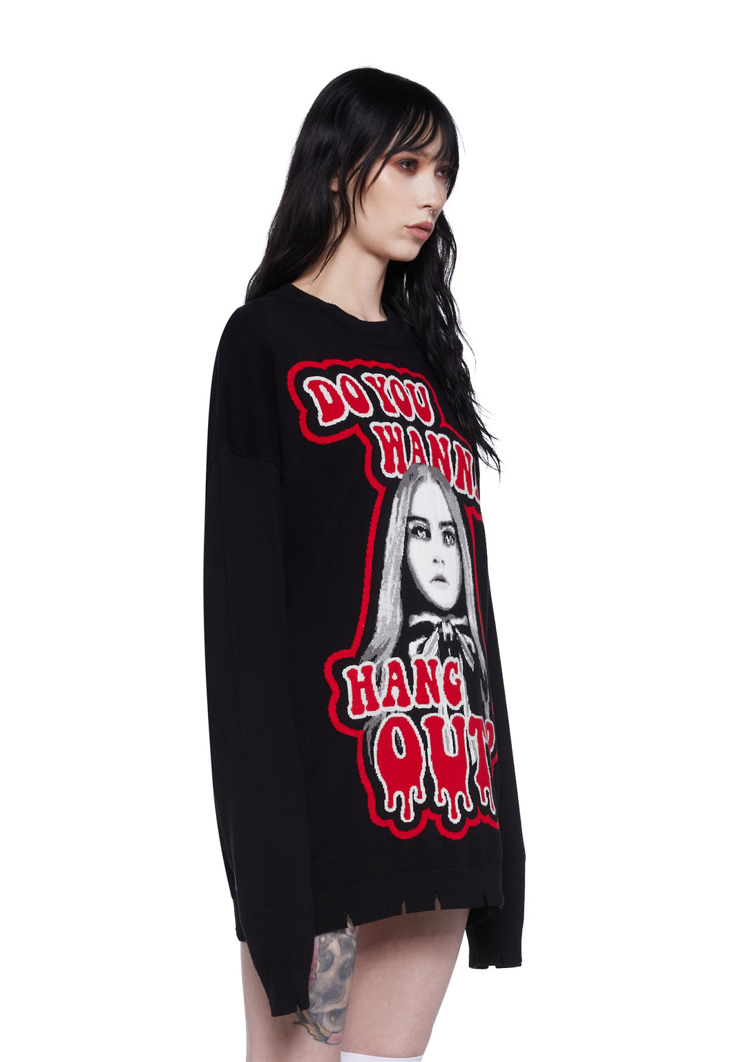 Dolls Kill x M3GAN Intarsia Wanna Hang Out Oversized Sweater - Black - Image 3