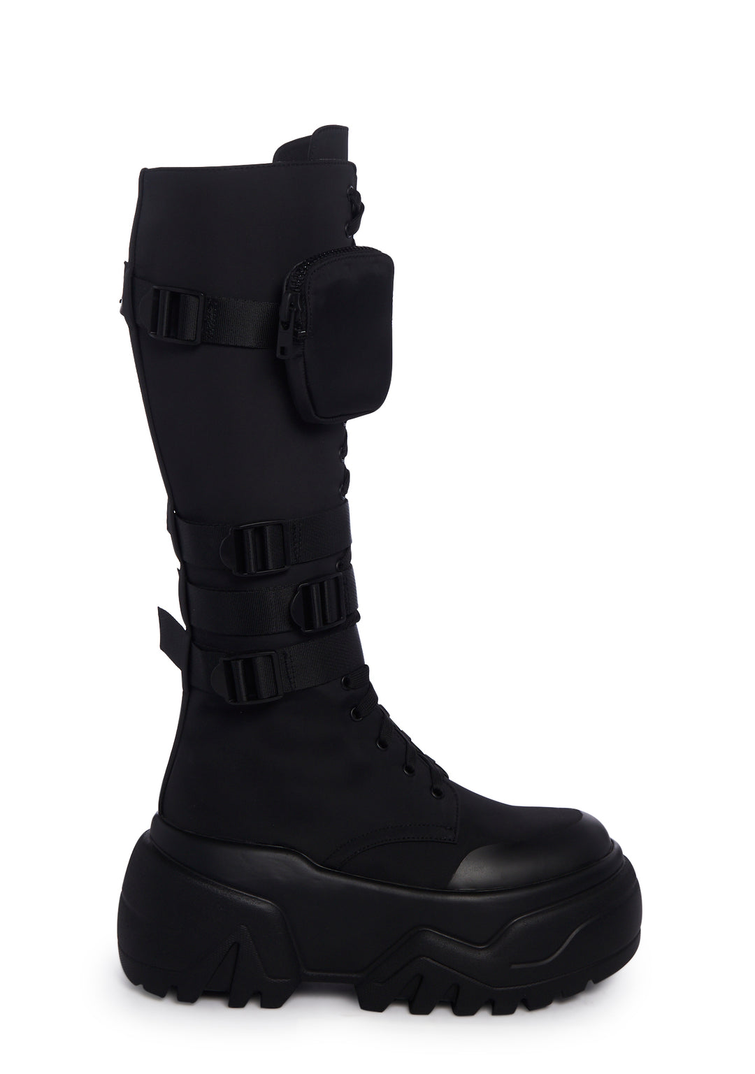 Poster Grl Buckled Platform Pocket Combat Knee High Boots - Black