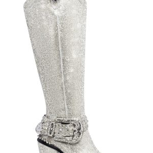 Club Exx Rhinestone Knee High Pointed Toe Cowboy Boots - Silver