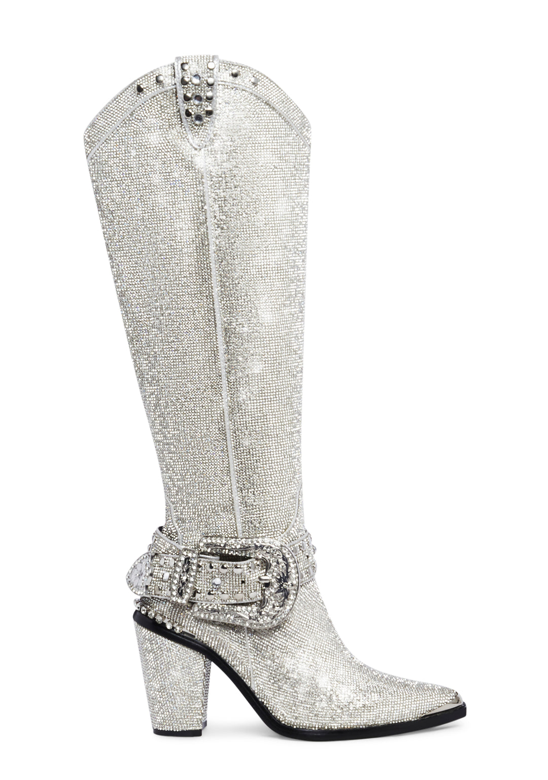 Club Exx Rhinestone Knee High Pointed Toe Cowboy Boots - Silver
