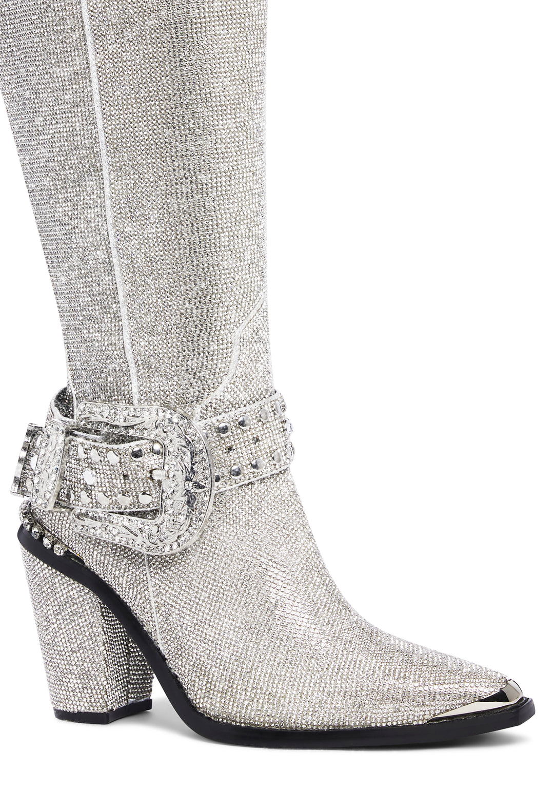 Club Exx Rhinestone Knee High Pointed Toe Cowboy Boots - Silver - Image 2