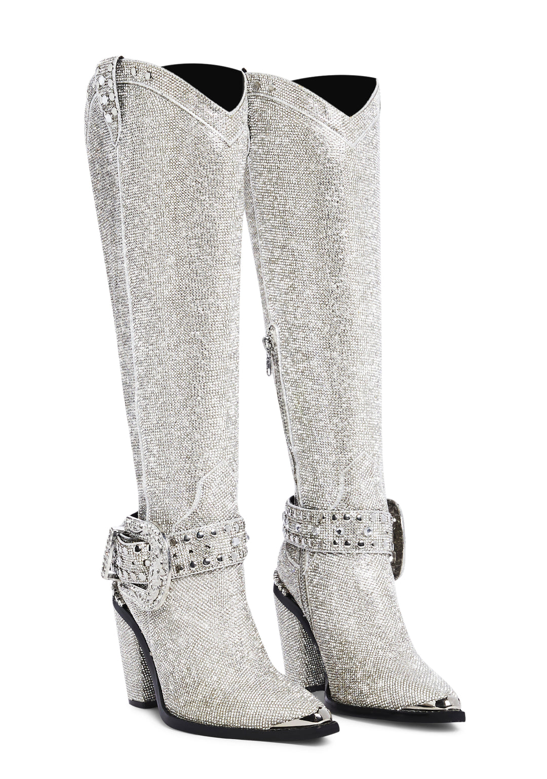 Club Exx Rhinestone Knee High Pointed Toe Cowboy Boots - Silver - Image 3