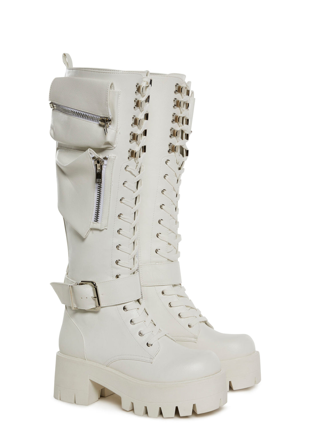 Current Mood Pocket Knee High Combat Boots - White - Image 3