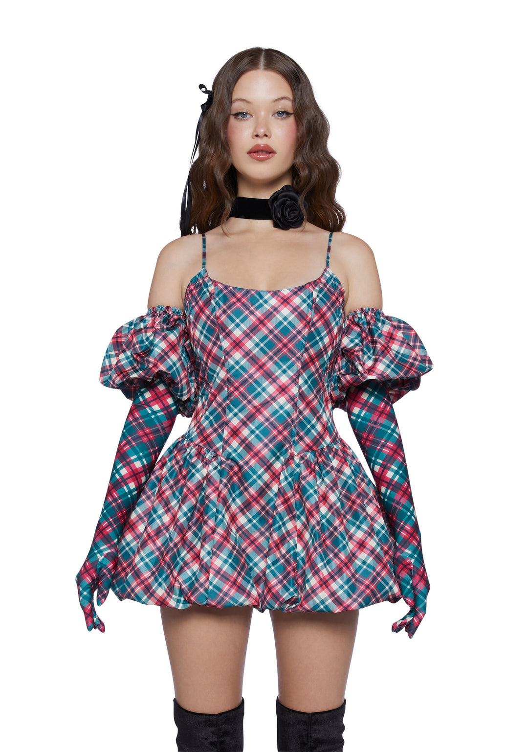 Sugar Thrillz Plaid Mini Dress With Gloves - Multi