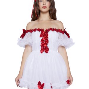 Sugar Thrillz Tulle Off The Shoulder Mini Dress With Bows - White/Red