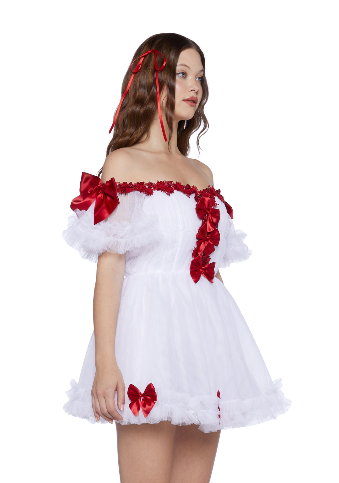 Sugar Thrillz Tulle Off The Shoulder Mini Dress With Bows - White/Red - Image 3