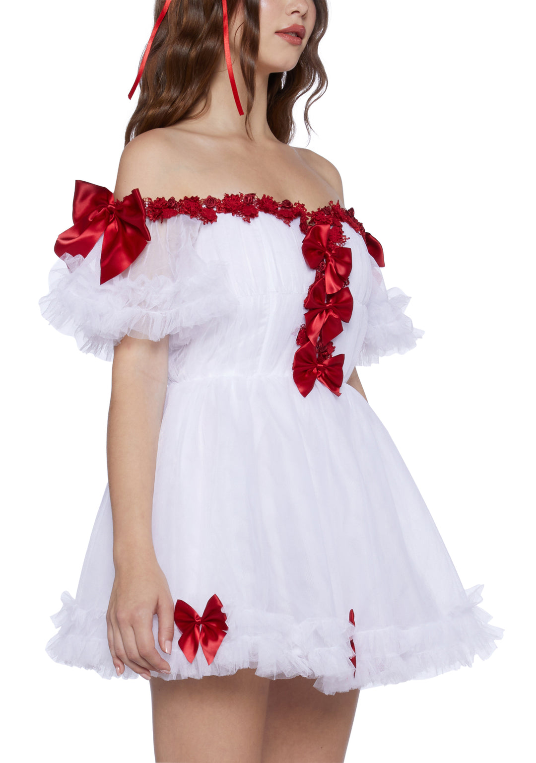 Sugar Thrillz Tulle Off The Shoulder Mini Dress With Bows - White/Red - Image 5