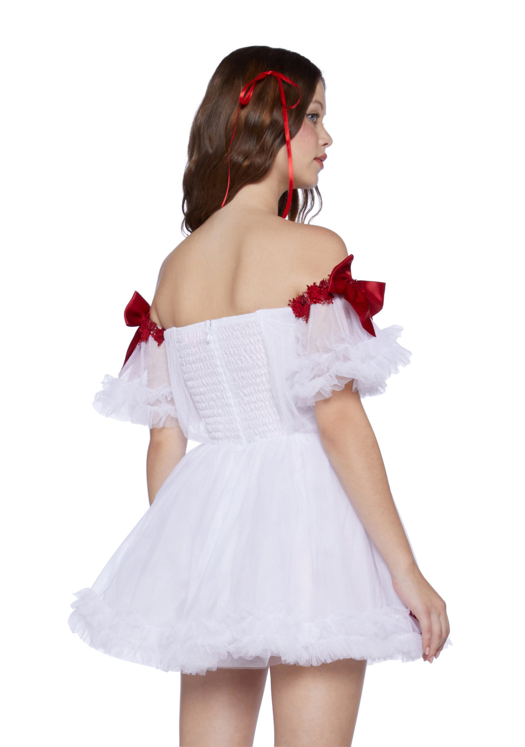 Sugar Thrillz Tulle Off The Shoulder Mini Dress With Bows - White/Red - Image 4