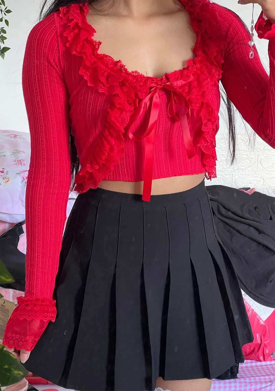 Sugar Thrillz Jersey Knit Lace Ruffle Cardigan And Tank Set - Red - Image 6