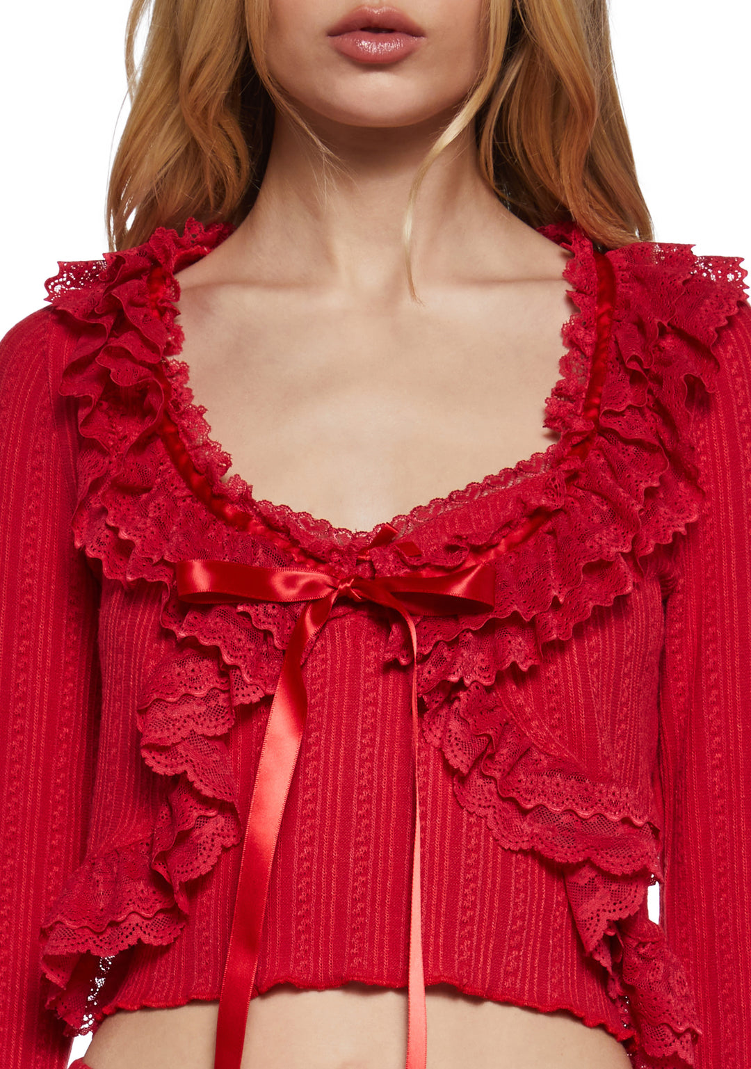 Sugar Thrillz Jersey Knit Lace Ruffle Cardigan And Tank Set - Red - Image 5