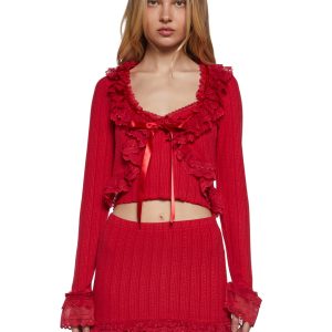 Sugar Thrillz Jersey Knit Lace Ruffle Cardigan And Tank Set - Red