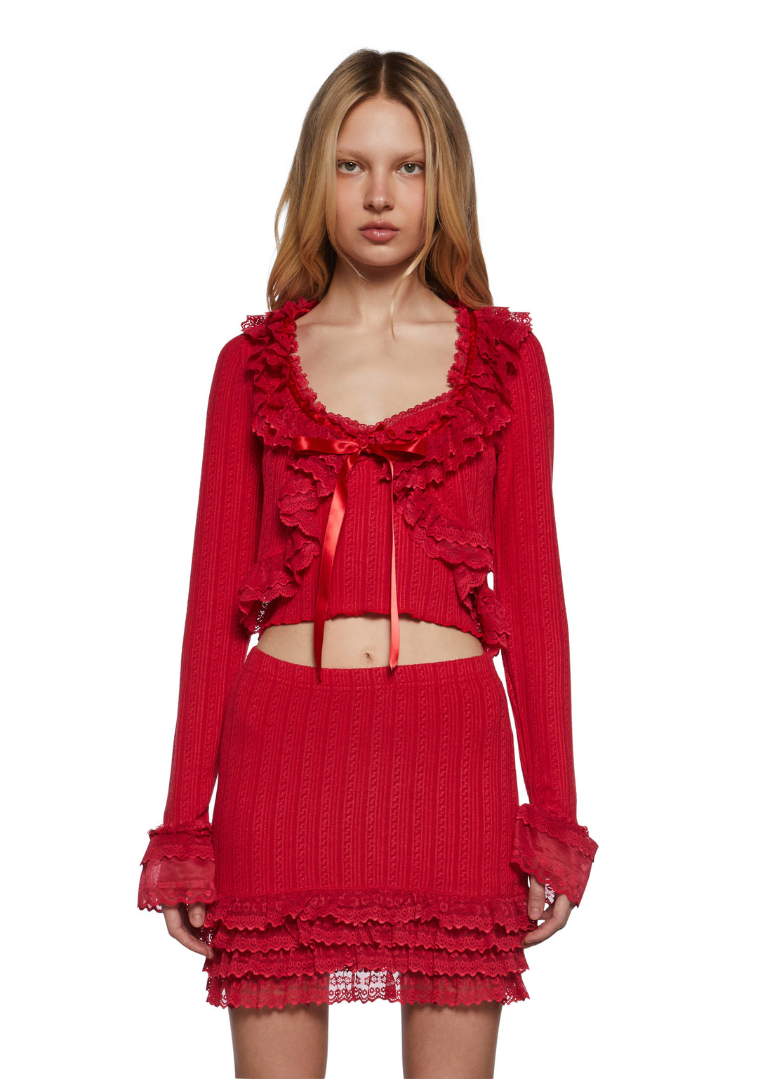 Sugar Thrillz Jersey Knit Lace Ruffle Cardigan And Tank Set - Red