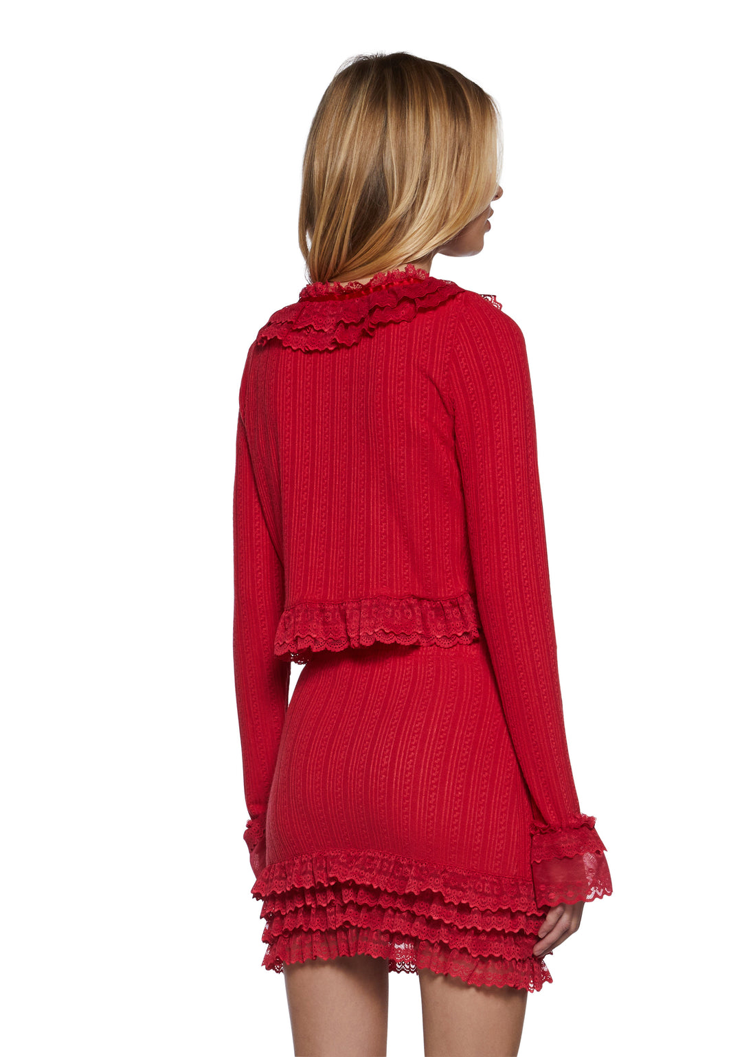 Sugar Thrillz Jersey Knit Lace Ruffle Cardigan And Tank Set - Red - Image 4