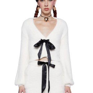 Sugar Thrillz Fuzzy Cardigan Satin Ribbon Ties - White
