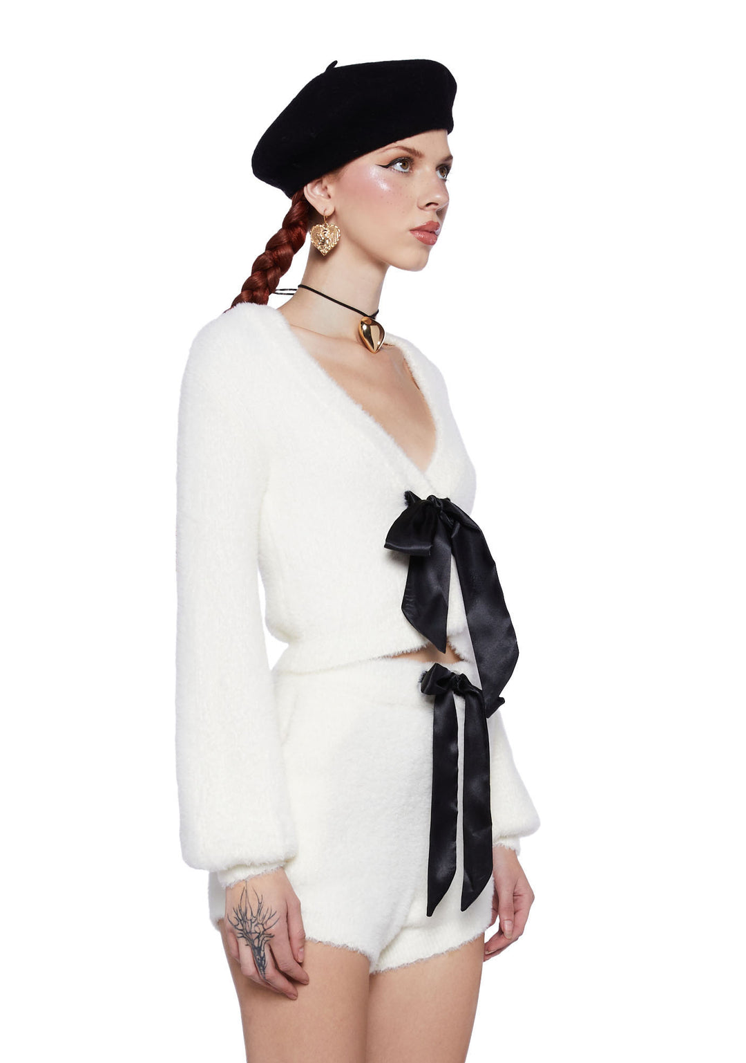 Sugar Thrillz Fuzzy Cardigan Satin Ribbon Ties - White - Image 3