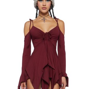 Current Mood Off The Shoulder Handkerchief Mini Dress - Burgundy