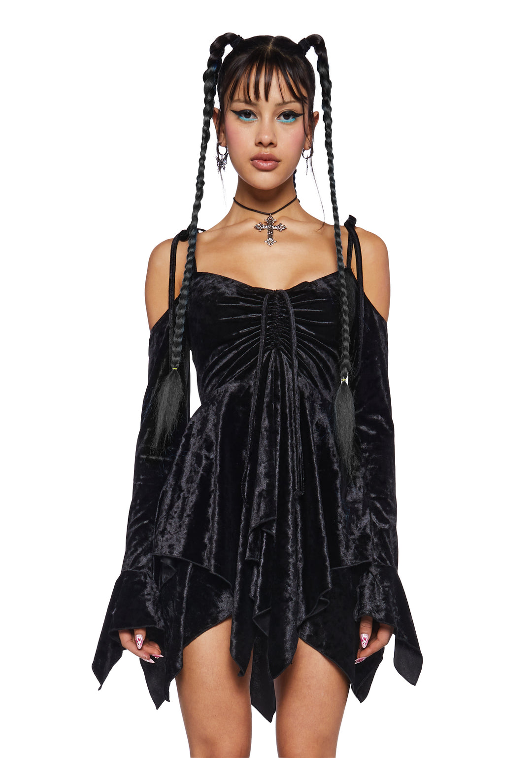 Current Mood Off The Shoulder Handkerchief Velvet Mini Dress - Black - Image 6