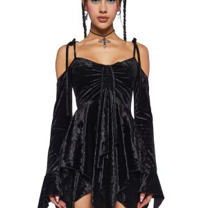 Current Mood Off The Shoulder Handkerchief Velvet Mini Dress - Black