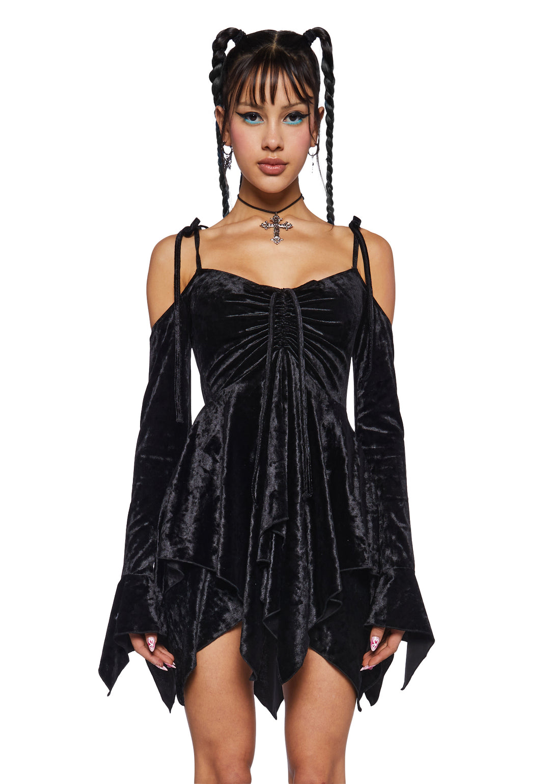 Current Mood Off The Shoulder Handkerchief Velvet Mini Dress - Black