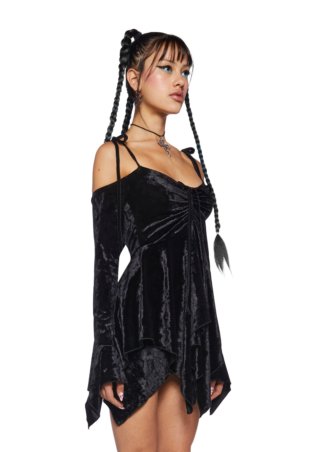 Current Mood Off The Shoulder Handkerchief Velvet Mini Dress - Black - Image 3