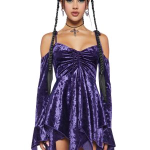 Current Mood Off The Shoulder Velvet Handkerchief Mini Dress - Purple