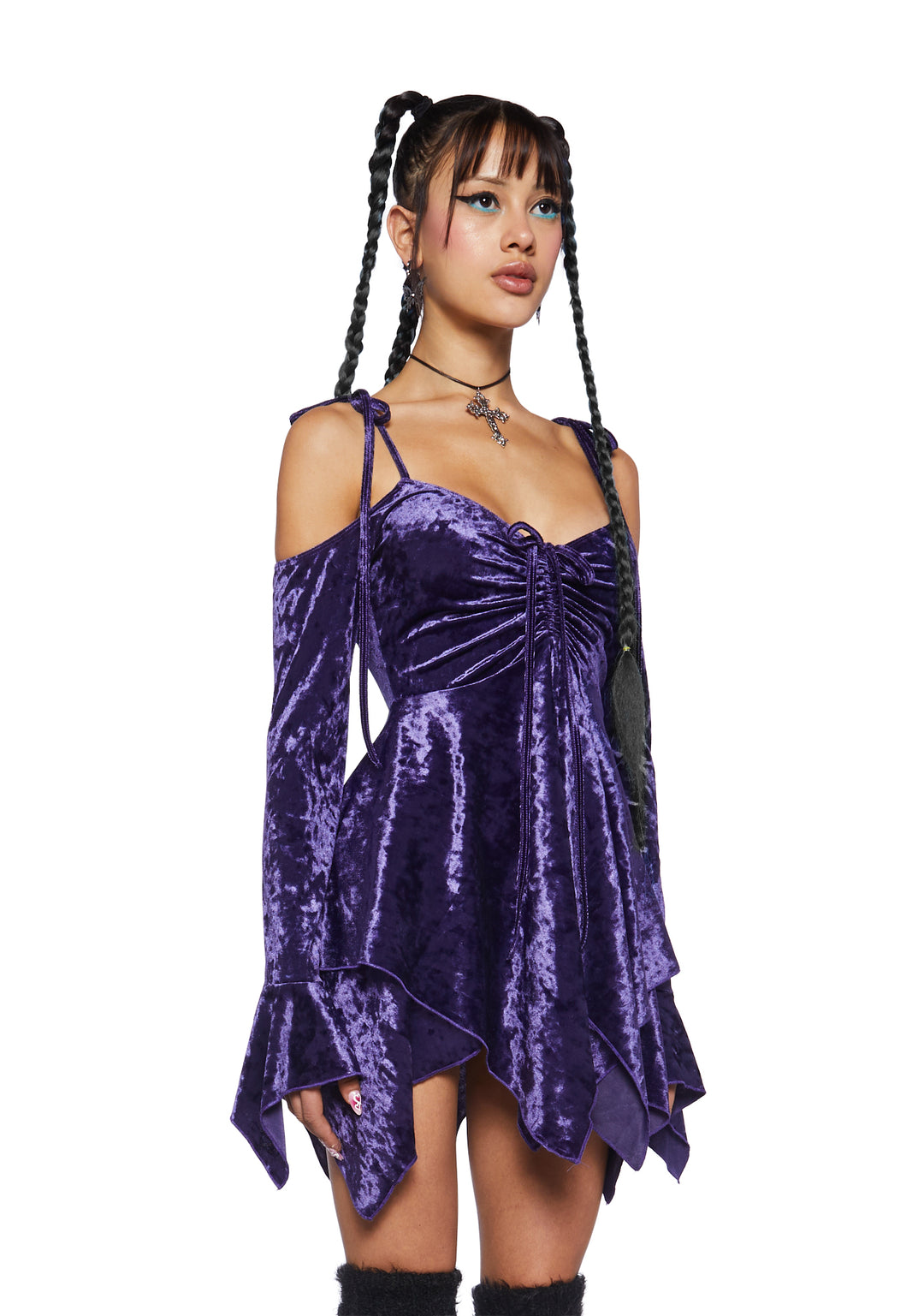 Current Mood Off The Shoulder Velvet Handkerchief Mini Dress - Purple - Image 3