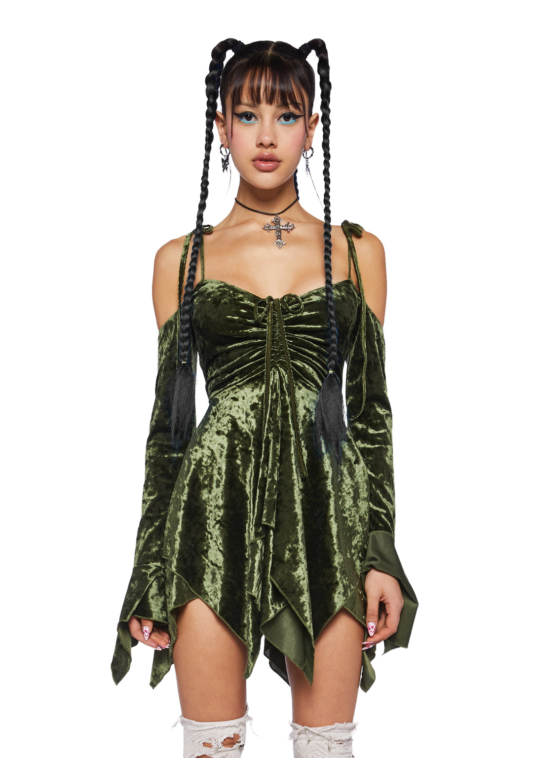 Current Mood Off The Shoulder Handkerchief Velvet Mini Dress - Green - Image 3